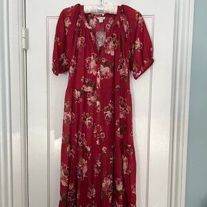 NWT Sundance Marnie Cherry Red Floral 3 Tier Maxi Dres Sz XS Runs big